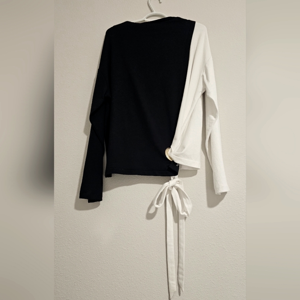 Asymmetrical Black and White Tie Front Long Sleeve Top